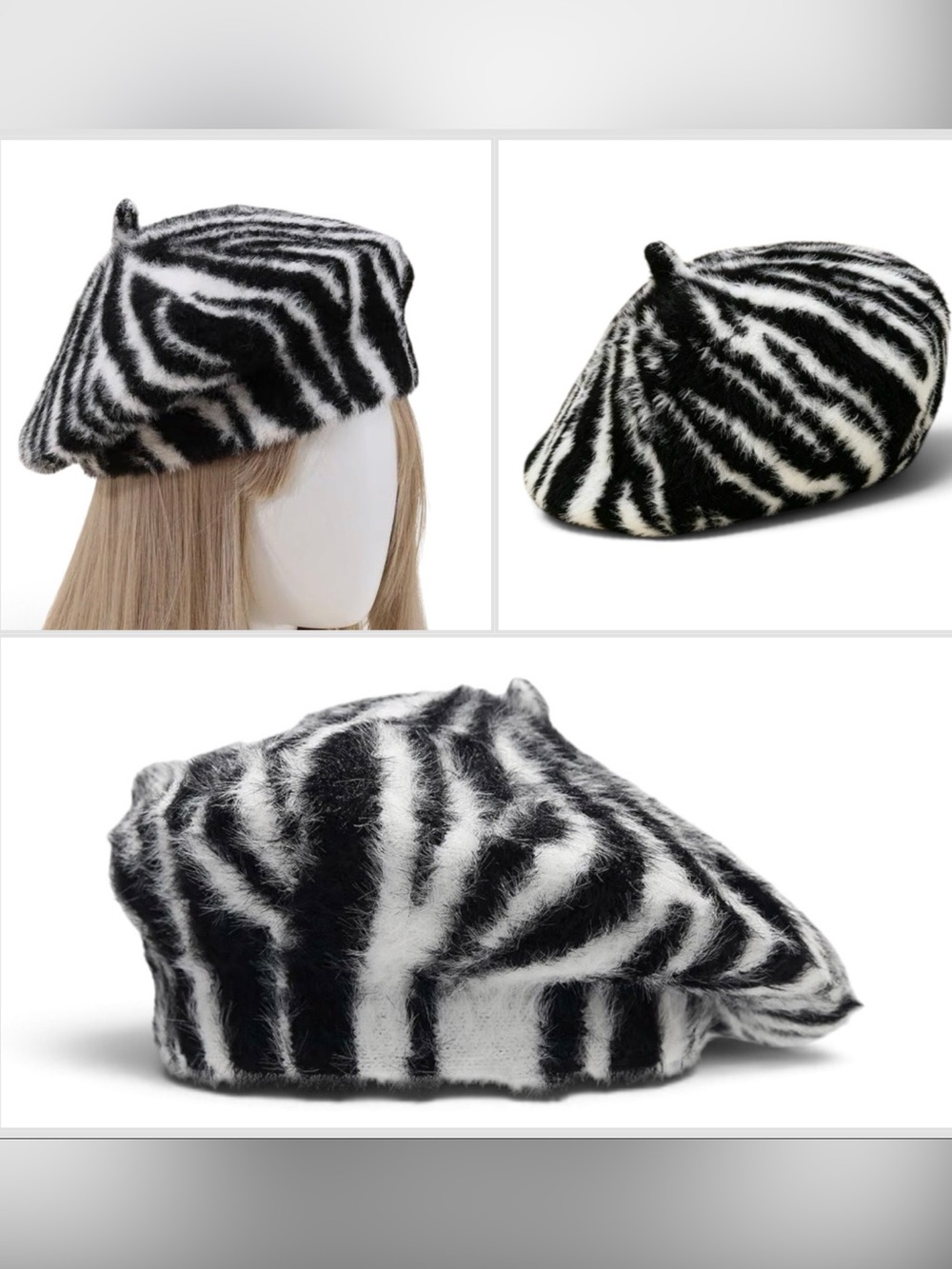 Zebra Stripe Faux Fur Beret - Black & White